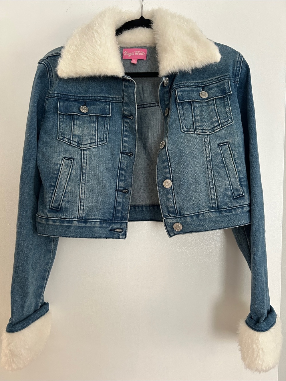 Sugar Thrillz Blue Denim Jacket with White Faux Fur Collar & Cuffs